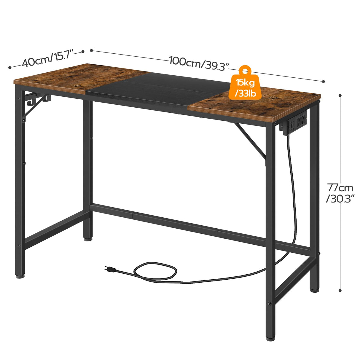 HOOBRO Computer Desk, Home Office Desk with Power Outlet, Modern Study Writing Desk with 3 Hooks for Study Room, Home Office, Sturdy and Stable, Easy to Assemble, Rustic Brown and Black BF41UDN01 HOOBRO