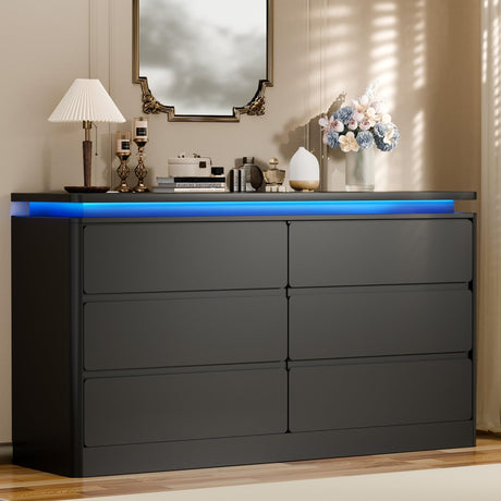 Gyfimoie 6 Drawer Black Dresser for Bedroom, 47.2" Long Chest of Drawers with Charging Station & LED Lights, Double Wooden Storage Cabinet for Closet,Modern Dresser TV Stand with Deep Drawers Gyfimoie