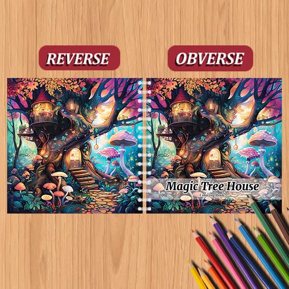 Spiral Bound Adult Coloring Book, 24 Pages Magic Treehouse Coloring Books for Relaxation and Stress Relief, Single Sided Pages Thick Paper Mindfulness Adult Coloring Book WoodArtSupply