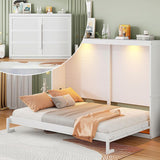 Queen Size Murphy bed with Storage Top Shelf & LED Lights, Horizontal Foldable Wall bed Frame Modern Design for Small Space Living Room Study Bedroom, No Box Spring Needed (White Style1, Queen) THINK 30