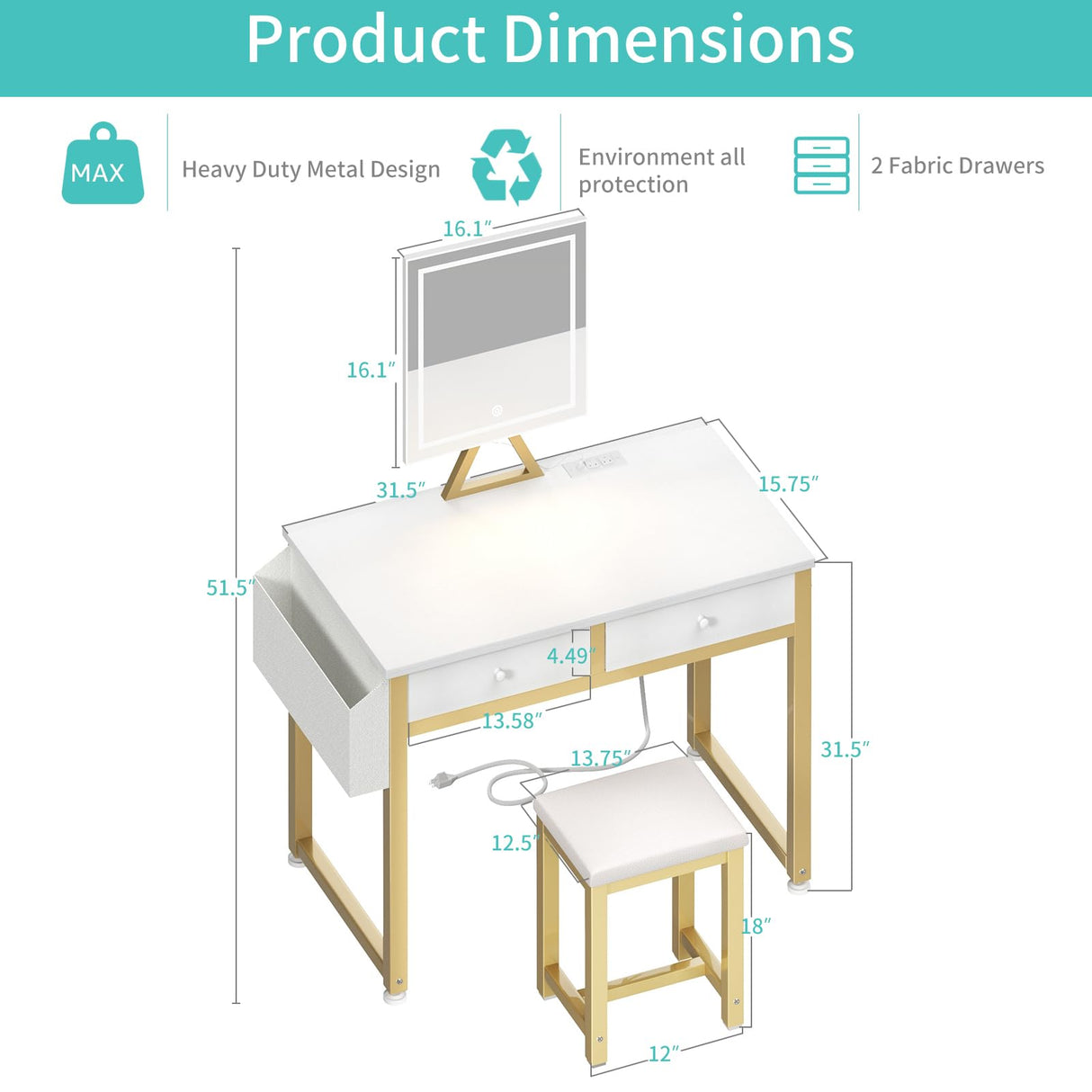 Lufeiya Small Makeup Vanity Desk with Fabric Drawers, 32 inch White Vanity Desks with Mirror and Light, Dressing Table and Chair Set with Power Outlet for Girls Bedroom, White Gold Lufeiya