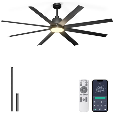Phylluz 72'' Ceiling Fan with Light - Remote & APP Control, 3 CTT Dimmable, 6 Speed Reversible DC Motor Fan for Shop, Garage, Covered Outdoor, Black Phylluz