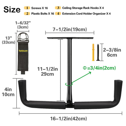 Tahikem 4 Set Overhead Garage Storage Rack, Heavy Duty Overhead Storage Double Hook, Ceiling Mount Hanger Safe Racks Hooks, Hanging for Lumber Ladder Storage & Other Bulky Items (Pack of 4 - Black)