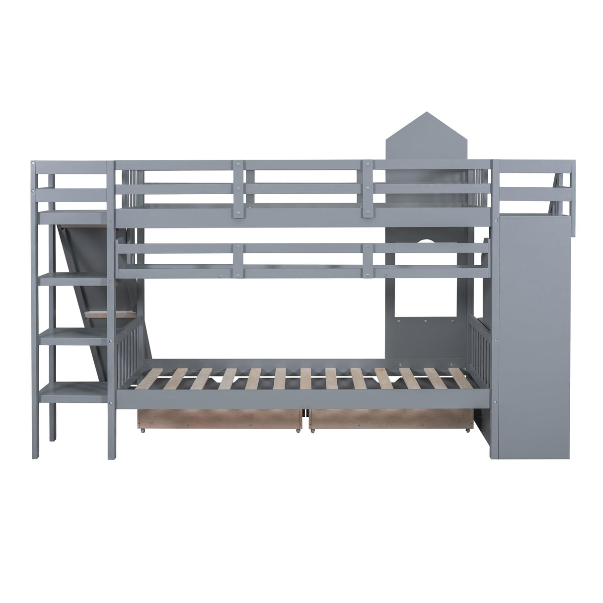 Twin-Over-Twin Bunk Beds Castle Style Bunk Bed with 2 Drawers 3 Shelves and Slide - Gray Merax