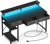 Rolanstar Computer Desk with Power Outlets & LED Light, 55 inch Home Office Desk with 3 Drawers and Storage Shelves, Writing Desk with Monitor Stand, Modern Work Desk for Home Office, Carbon Black Rolanstar