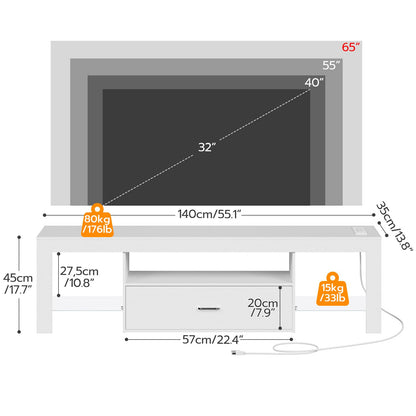 HOOBRO LED TV Stand with Power Outlets to 65 inch TV, Gaming Entertainment Center with Glass Shelves and Large Drawer, Modern Media TV Console Table for Living Room Bedroom, White WT14UDDS01