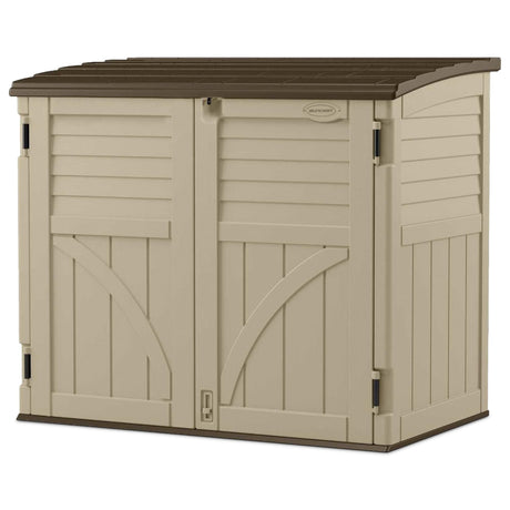 Suncast Horizontal Shed, Compact Outdoor Storage System, 34 Cu. Ft. Capacity, Sand & Slate - Lockable Multi-Wall Resin Organizer for Garbage Cans, Garden Tools, Bins, Bikes and Yard Equipment Suncast