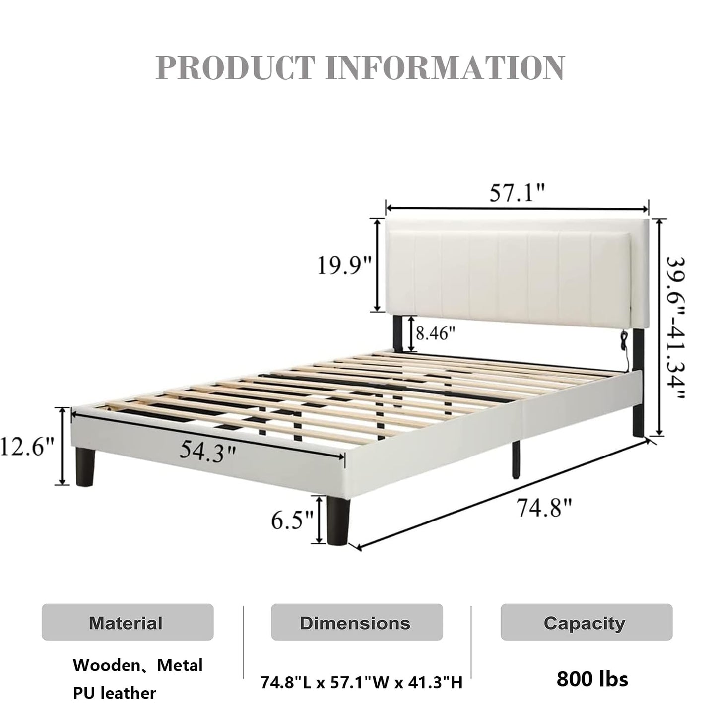 Catrimown Stylish Full Size Platform Bed Frame with LED Lights and Adjustable Upholstered Headboard - WoodArtSupply