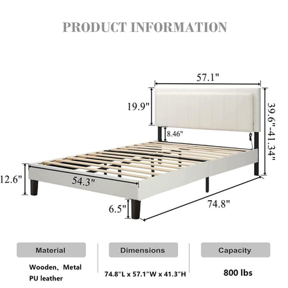 Catrimown Stylish Full Size Platform Bed Frame with LED Lights and Adjustable Upholstered Headboard - WoodArtSupply