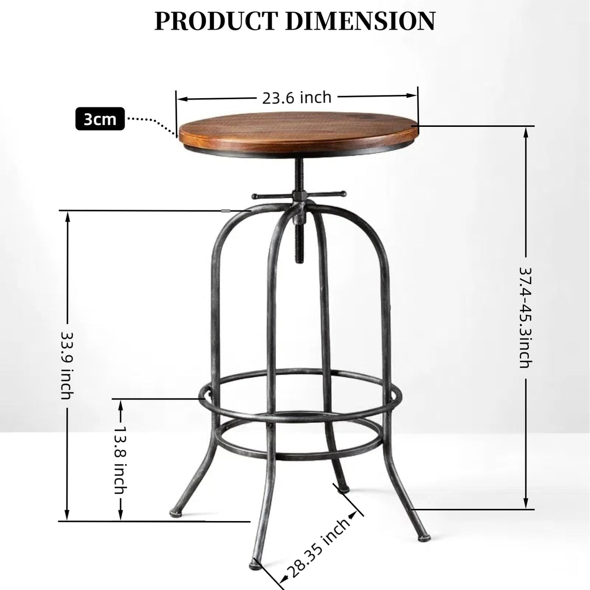 BOKKOLIK Rustic Bar Table Vintage Bistro Table Industrial Pub Table for Kitchen Coffee House Office Computer Desk Swivel Round Wooden Top 37.4-45.3inch Height Adjustable BOKKOLIK