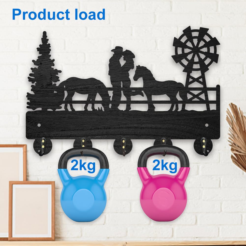 MAYJOYDIY Wood Cowboy Horse Farm Coat Hooks Farmhouse Cowgirl Windmill Key Holder for Wall 11.8×7.9inch Wall Art Decor Gift Black Wall Key Rack Organizer 5 Alloy Hooks for Bedroom Kitchen Entryway