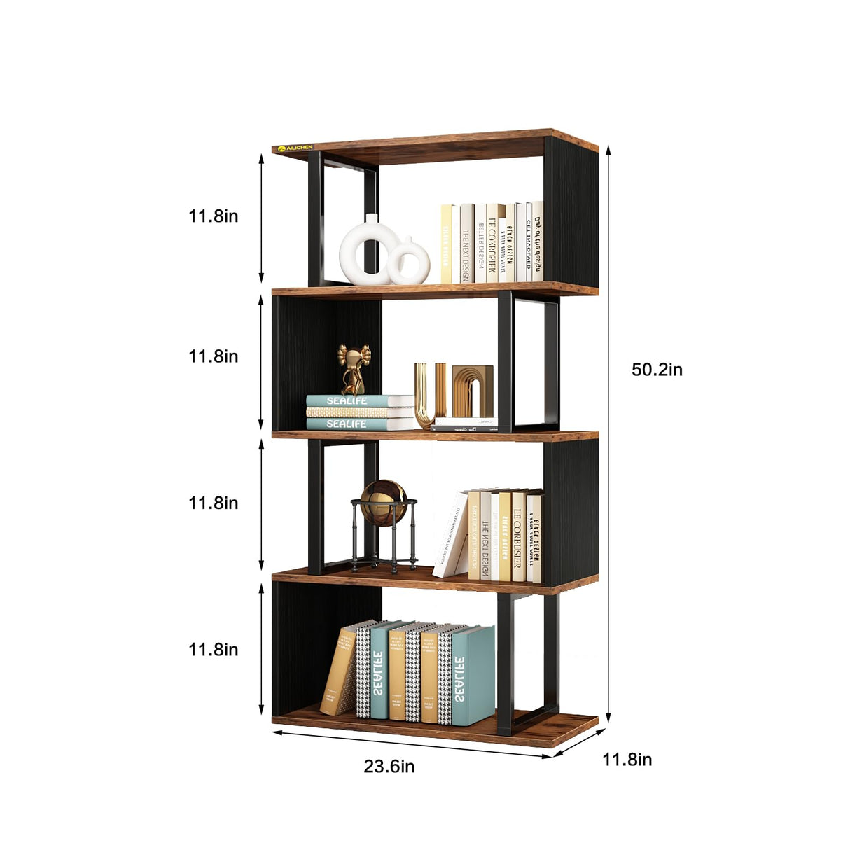 ALISENED 5 Tier Bookshelf, S Shaped Geometric Bookcase, Narrow Freestanding Display Shelves, Modern Wood Decorative Storage Rack for Bedroom, Living Room, Home Office, Black 5-Tier ALISENED