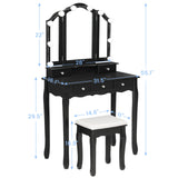 Tiptiper Vanity Desk, Makeup Vanity with Lighted Tri-fold Mirror and Stool, Vanity Set with 5 Drawers, 3 Light Settings & Adjustable Brightness, Black Tiptiper