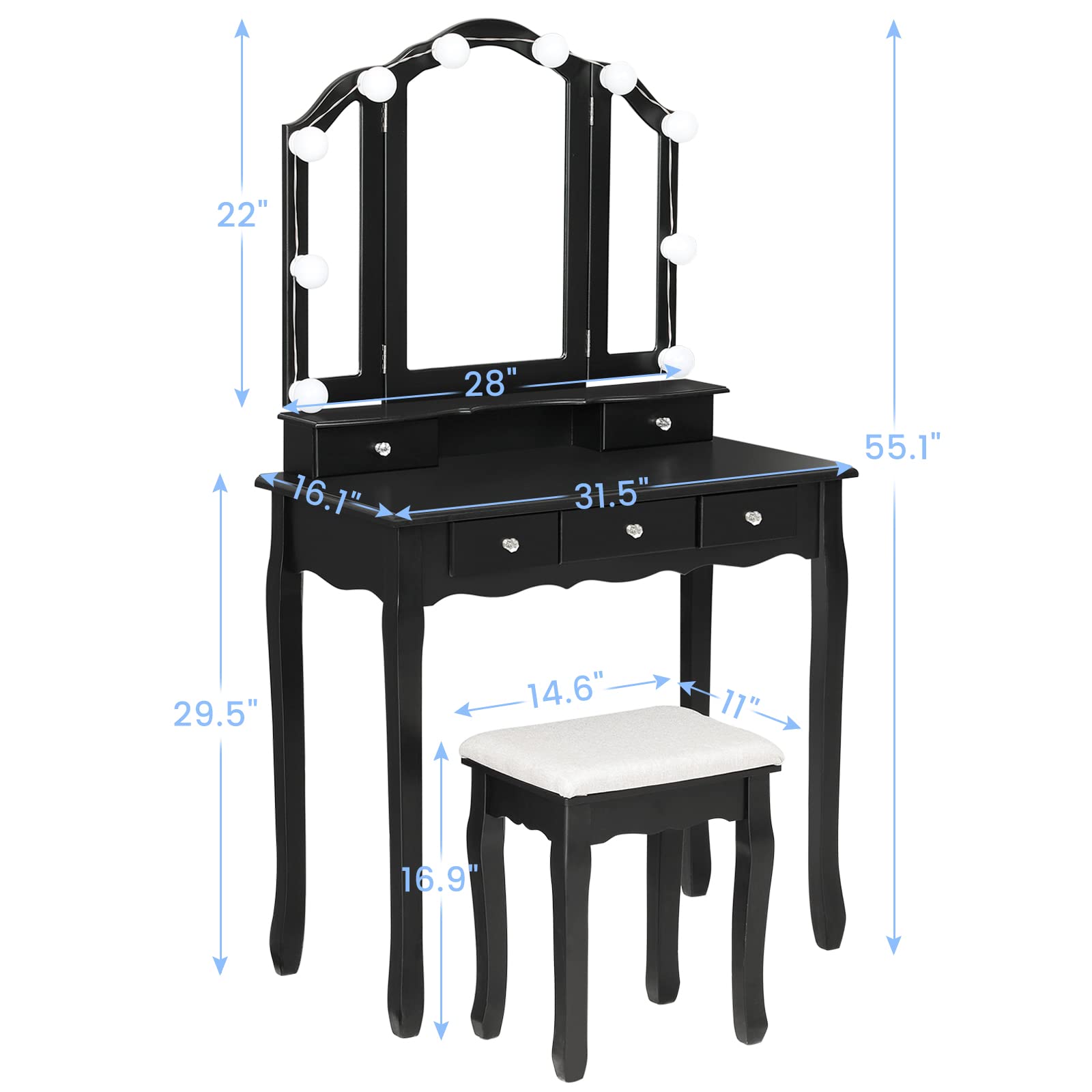 Tiptiper Vanity Desk, Makeup Vanity with Lighted Tri-fold Mirror and Stool, Vanity Set with 5 Drawers, 3 Light Settings & Adjustable Brightness, Black - WoodArtSupply