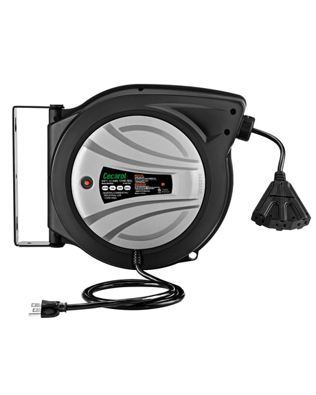 Cecarol Extension Cord Reel 12AWG/3C SJTOW 65FT Retractable Cord with Triple Tap, 15A/ 125V/ 1875W, Slow Retraction Tech, Circuit Breaker, Power Indicator, 180° Swivel (65FT, Black) Cecarol