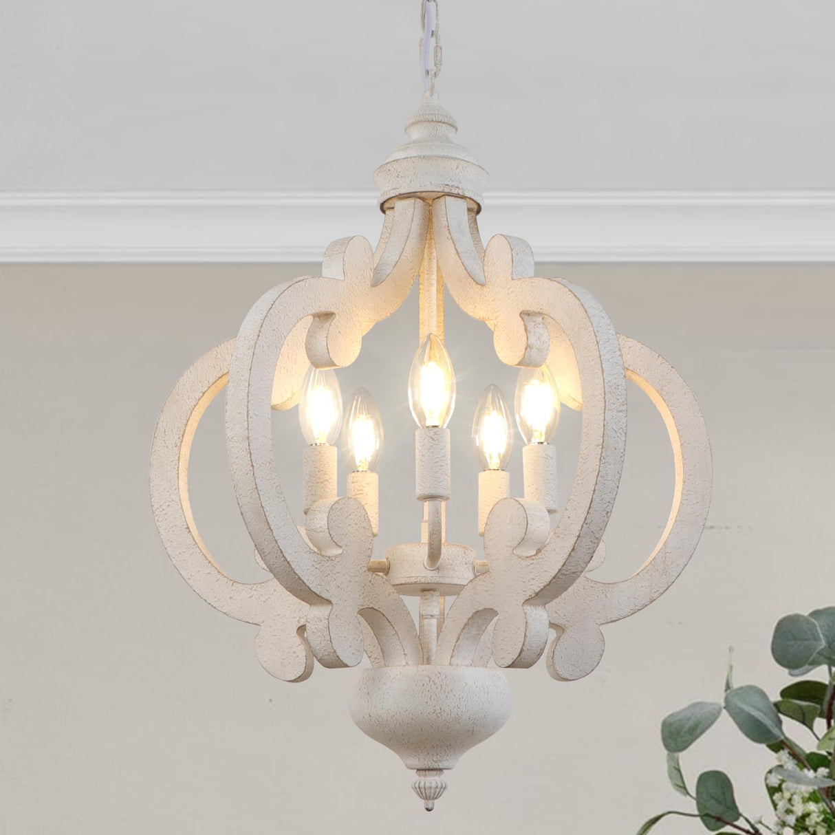 LynPon White French Country Chandelier, 5 Lights Distressed Wood Farmhouse Chandeliers Kitchen Light Fixtures, 17" Antique Hanging Pendant Light for Bedroom Foyer Entryway Hallway Staircase LynPon