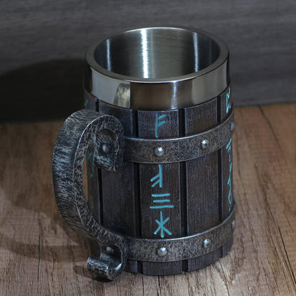 nordic viking rune mug Beer tankard Cup for men viking gift norse decor stainless steel wooden viking coffee cool mug viking gift for men beer cup stein - WoodArtSupply