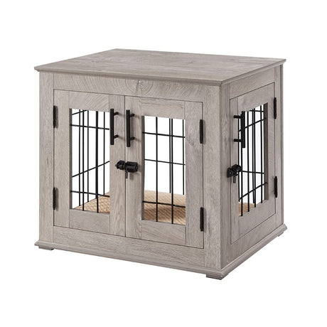 beeNbkks Furniture Style Dog Crate End Table, Double Doors Wooden Wire Dog Kennel with Pet Bed, Decorative Pet Crate Dog House Indoor Medium Large beeNbkks