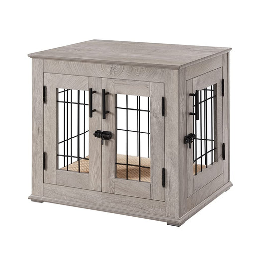 beeNbkks Furniture Style Dog Crate End Table, Double Doors Wooden Wire Dog Kennel with Pet Bed, Decorative Pet Crate Dog House Indoor Medium Large