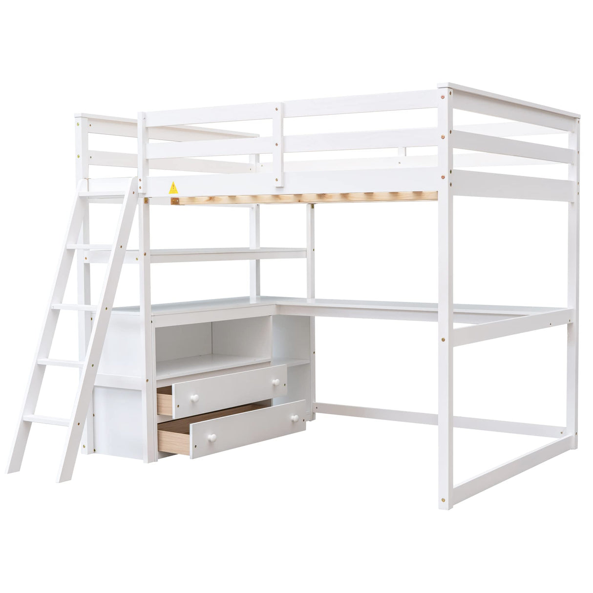 Merax Full Size Loft Bed with Desk Wood Loft Bed Frame with Shelves, and 2 Built-in Drawers, White Merax