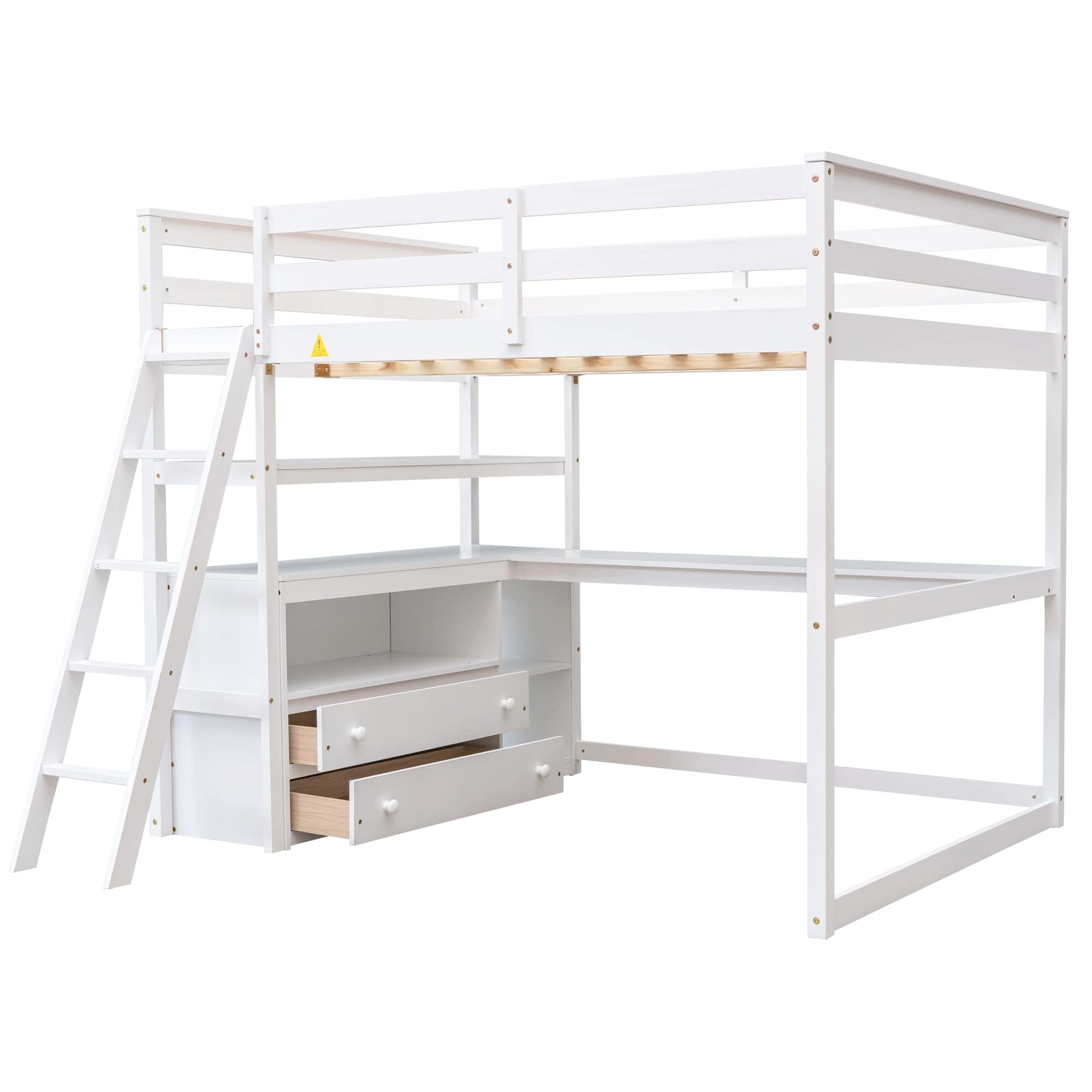 Merax Full Size Loft Bed with Desk Wood Loft Bed Frame with Shelves, and 2 Built-in Drawers, White - WoodArtSupply