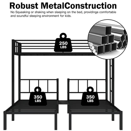 Zevemomo Twin Over Twin & Twin XL Bunk Bed, Metal Triple Bed with Full-Length Guardrail and Ladder, Convertible 3 Beds, No Boxing Spring Needed, Black