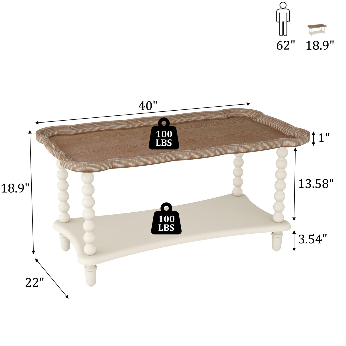 Function Home Farmhouse Coffee Table, Rustic White French Country Center Table with Storage Shelf, Wood Coffee Tables for Living Room Dining Room, Natural Tray Top and Vintage White Spindle Legs Function Home