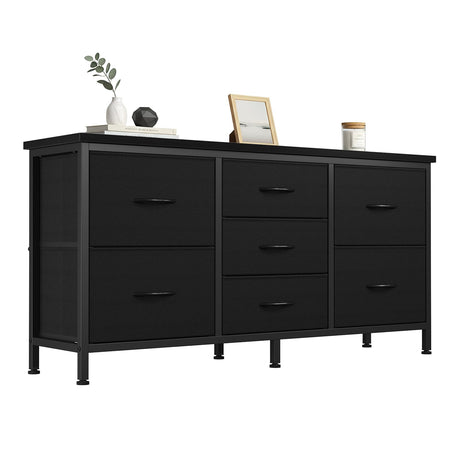 DUMOS TV Stand 7 Drawer Dresser for Bedroom with Storage TV Stands for Living Room Black, Farmhouse Entertainment Center Media Console Table with Metal Frame Adjustable Feet DUMOS