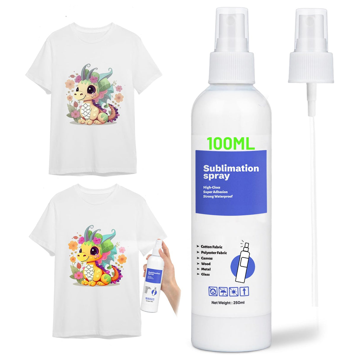 Sublimation Spray for Cotton Shirts with 2 Nozzles, 100ml Upgraded Formula Sublimation Coating Spray for All Fabric,High Gloss,Quick Drying and Adhesive Spray for Polyester,Carton,Tote Bag,Mug KASYU
