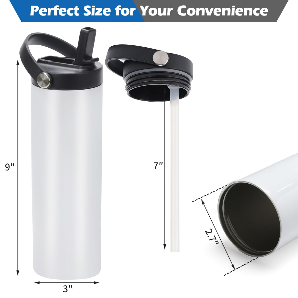 12 Pack Sublimation Tumblers Flat Edge Blanks Skinny Straight 20 oz, Stainless Steel Double Wall Insulated Sublimation Water Bottles with Portable Handle & Straw Lids for Heat Transfer, White YOUKE OLA