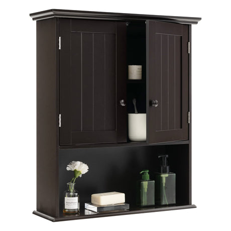 Tangkula Wall Mount Bathroom Cabinet Wooden Medicine Cabinet Storage Organizer with 2-Doors and 1-Shelf Cottage Collection Wall Cabinet (Espresso) Tangkula