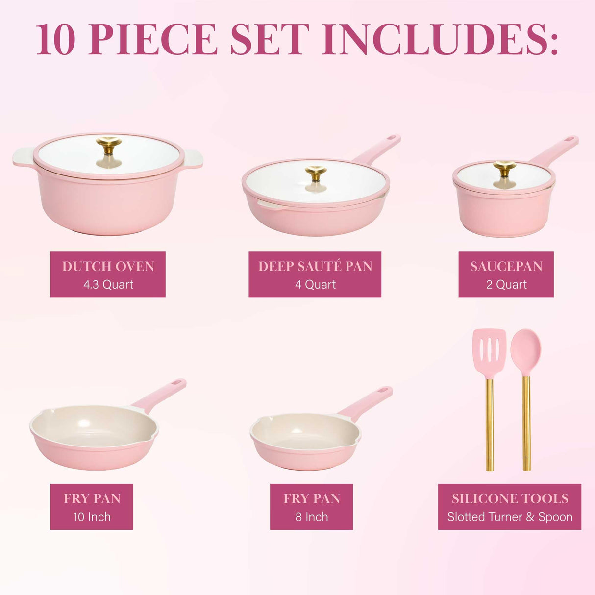 Paris Hilton Ceramic Nonstick Cookware Set, Cast Aluminum with Dual Layer Nonstick Coating, Gold Heart Knobs, Stay-Cool Handles, Made without PFAS, PFOA, PFOS & PTFE, Dishwasher Safe, 10-Piece, Pink Paris Hilton