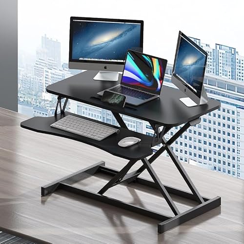 Royjhnl Standing Desk Converter 32 Inch, Height Adjustable Sit-Stand Workstation, Dual Monitor Riser with Wide Keyboard Tray - Office & Home Use, Black (Black) Royjhnl