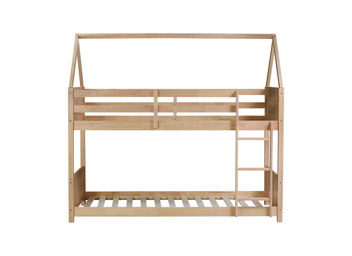 PVWIIK House Floor Bunk Bed/Twin Over Twin with Headboards & Footboards/Ladder and Guardrails for Boys Girls Bedroom,Low Floor Bunk Bed/No Box Spring Needed, Oak PVWIIK
