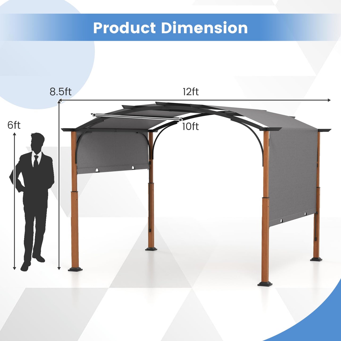 Tangkula 10x12Ft Pergola, Arched Patio Pergola with Retractable Sun Shade Canopy, Extra Large Patio Shelter Pavilion, Outdoor Pergola for Deck, Porch, Garden, Yard (Grey)