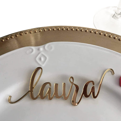 Gold Wedding Place Cards Personalized Acrylic Laser Cut Names Place name settings Guest name tags Wedding Signs Calligraphy Modern New Font Wood Decorations Wooden Centerpieces Dinner Party Decor FranJohnsonHouse