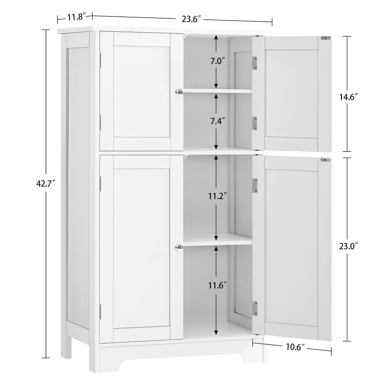 TEENFON Bathroom Floor Storage Cabinet, Freestanding Bathroom Storage Unit with 2 Adjustable Shelves & 4 Doors, 11.8 x 23.6 x 42.7 Inches, White TEENFON