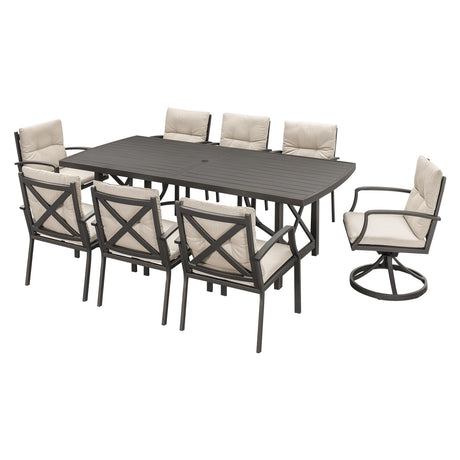 SEEHILL 9 Pieces Outdoor Dining Set, Aluminum Patio Dining Set for 8, Patio Table and Chairs Set with 2 Swivel Rocker Chairs, Patio Furniture Set with Umbrella Hole for Decks, Garden, Lawn, Gunmetal SEEHILL