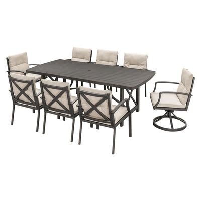 SEEHILL 9 Pieces Outdoor Dining Set, Aluminum Patio Dining Set for 8, Patio Table and Chairs Set with 2 Swivel Rocker Chairs, Patio Furniture Set with Umbrella Hole for Decks, Garden, Lawn, Gunmetal