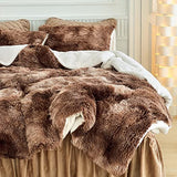 Luxury Faux Fur Shaggy Comforter Set Full/Queen Size, Plush & Sherpa Reversible Comforter Tie Dye Coffee, 3 Pieces Fluffy Fuzzy Bedding Set Ultra Soft and Warm for Winter (1 Comforter + 2 Pillowcases) Flysheep
