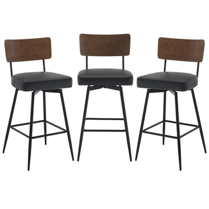 Bekrvio Counter Height Swivel Bar Stools Set of 3, Upholstered Faux Leather Barstools with Wood Backs and Metal Legs, 26" Seat Height Counter Bar Stool for Kitchen Island, Black - WoodArtSupply