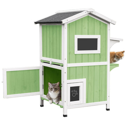 Gowoodhut Cat Houses for Outdoor Wooden Catio 2 Story Cat Shelter with Escape Doors Cat Condos with Weatherproof Roof,2 Removable Floors,Platform - WoodArtSupply