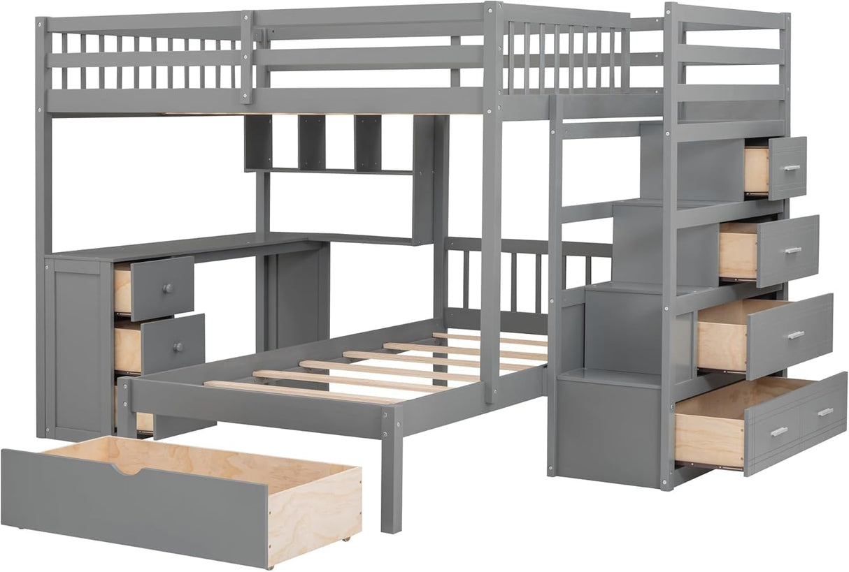 MERITLINE Full Over Twin L Shaped Bunk Bed with Stairs and Desk,Solid Wood L-Shaped Bunk Bed with Storage Drawers,Shelves,Ladder,Headboard and Guardrail,No Box Spring Needed (Grey) MERITLINE