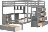 MERITLINE Full Over Twin L Shaped Bunk Bed with Stairs and Desk,Solid Wood L-Shaped Bunk Bed with Storage Drawers,Shelves,Ladder,Headboard and Guardrail,No Box Spring Needed (Grey) MERITLINE