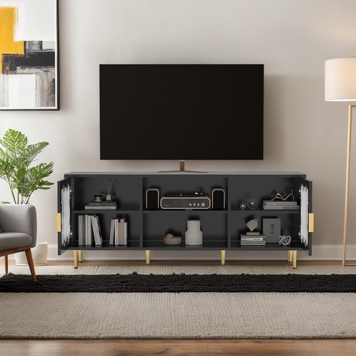Runglecho Mid-Century Modern TV Stand and Cabinet for 65, 70 and 75 Inch Televisions, Black Glass Entertainment Center with Storage, Stylish Console Table for Living Room and Bedroom (Black) Runglecho