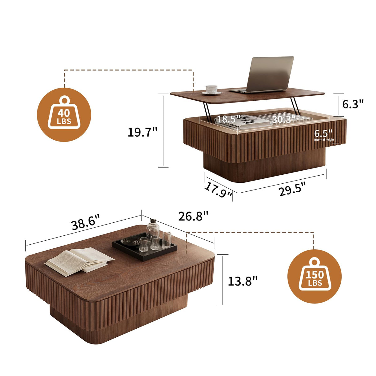 LKTART 38.6''Walnut Fluted Lift Top Coffee Table Modern Handcraft Drum Wooden Solid Wood Veneer Tea Table for Living Room Apartment(Hidden Storage) LKTART