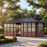 Modern Shade Clario Solarium 12'x20' Sunroom Hardtop Gazebo with TV Mount & Sliding Doors, Galvanized Steel Roof Screen House, Ventilation Design & Wood Grain Finish, All-Weather Aluminum Sun Room