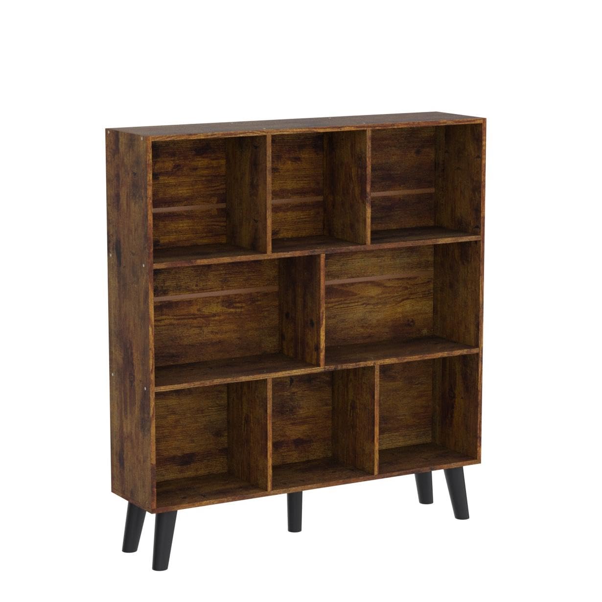 LEYAOYAO 8-Cube Rustic Brown Mid-Century Modern Bookshelf with Legs - 3-Tier Storage Organizer - WoodArtSupply