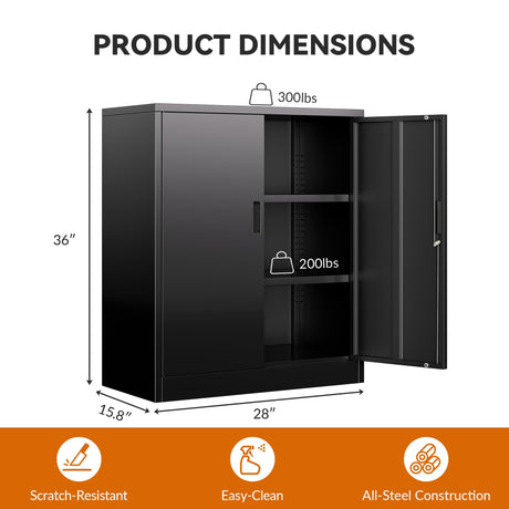 BESFUR Metal Garage Storage Cabinet 36"H, Steel Locking Cabinet with 2 Lockable Doors and 2 Adjustable Shelves easy to assemble for Home Office, Garage,School, Apartment, Warehouse, Utility Room,Black BESFUR
