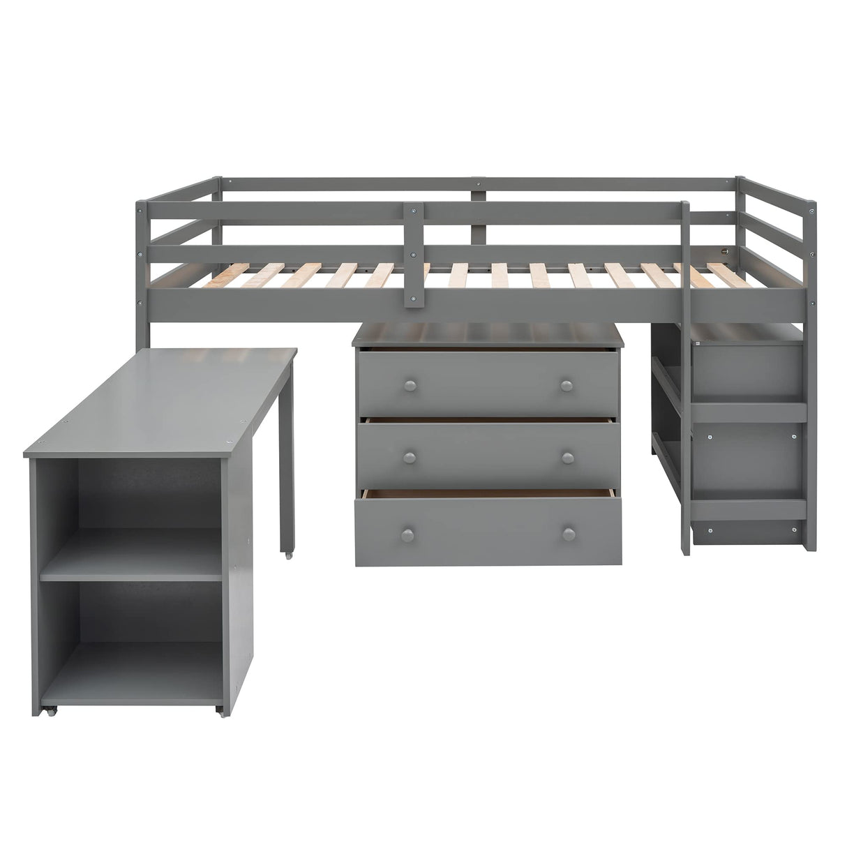 Twin Loft Bed with Desk Low Study Kids Twin Loft Bed with Storage Drawers, Low Loft Bed Twin for Kids Twin Loft Bed with Safety Guard Rails and Bookcase Shelf (Grey, Twin Loft with Desk) Harper & Bright Designs